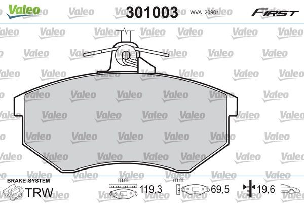 VALEO 301003 Brake pad set FIRST, Front Axle, excl. wear warning contact, without anti-squeak plate