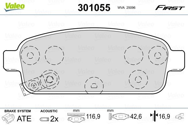 301055 Set of brake pads 301055 VALEO FIRST, Rear Axle, incl. wear warning contact, with anti-squeak plate