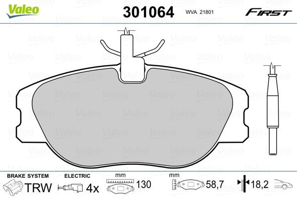 301064 Set of brake pads 301064 VALEO FIRST, Front Axle, incl. wear warning contact, without anti-squeak plate
