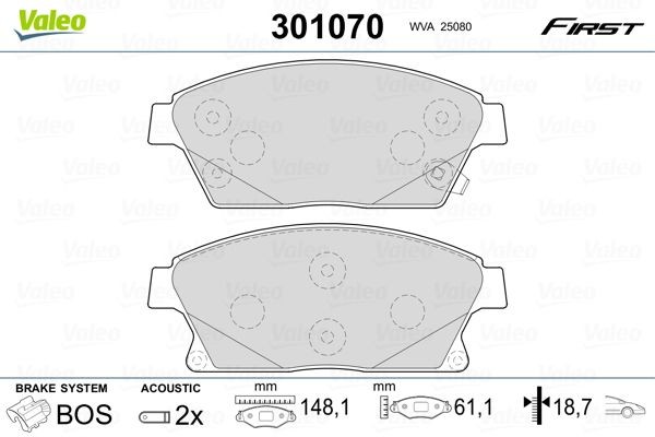 VALEO 301070 Brake pad set FIRST, Front Axle, incl. wear warning contact, with anti-squeak plate