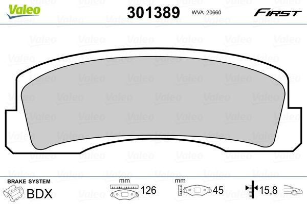 301389 Set of brake pads 301389 VALEO FIRST, Front Axle, excl. wear warning contact, without anti-squeak plate