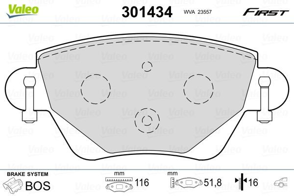 VALEO 301434 Brake pad set FIRST, Rear Axle, excl. wear warning contact, without anti-squeak plate
