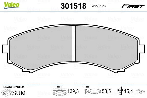 301518 Set of brake pads 301518 VALEO FIRST, Front Axle, excl. wear warning contact, without anti-squeak plate