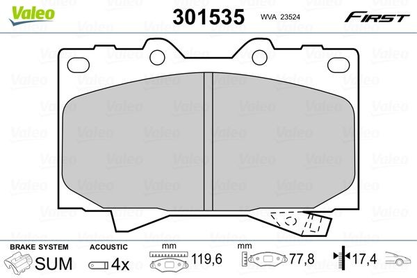 301535 VALEO Brake pad set LEXUS FIRST, Front Axle, incl. wear warning contact, without anti-squeak plate
