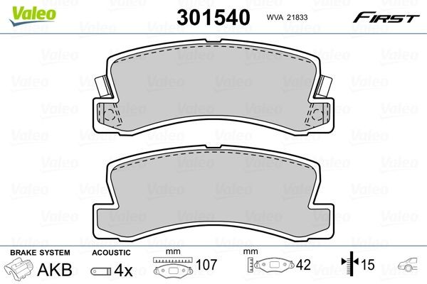 301540 VALEO Brake pad set LEXUS FIRST, Rear Axle, incl. wear warning contact, without anti-squeak plate
