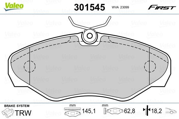 301545 Set of brake pads 301545 VALEO FIRST, Front Axle, excl. wear warning contact, with anti-squeak plate