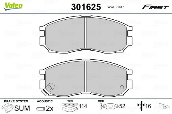 VALEO FIRST, Front Axle, incl. wear warning contact, without anti-squeak plate Height: 52mm, Width: 114mm, Thickness: 16mm Brake pads 301625 buy