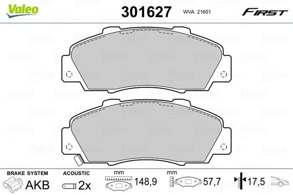 VALEO 301627 Brake pad set FIRST, Front Axle, incl. wear warning contact, without anti-squeak plate
