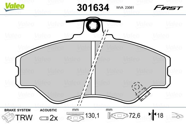 VALEO 301634 Brake pad set FIRST, Front Axle, incl. wear warning contact, without anti-squeak plate