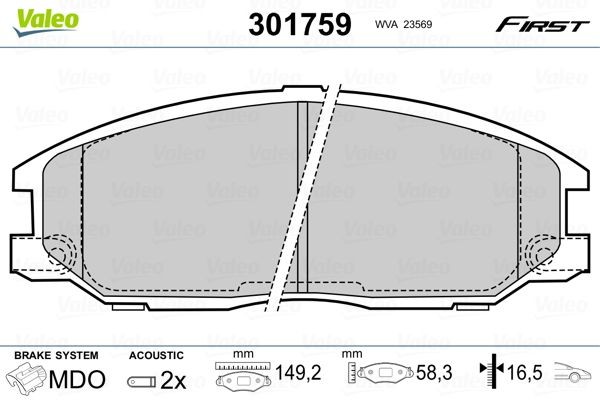 301759 Set of brake pads 301759 VALEO FIRST, Front Axle, incl. wear warning contact, with anti-squeak plate