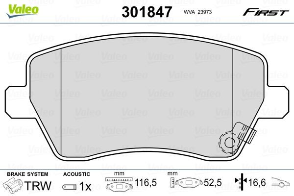 VALEO 301847 Brake pad set FIRST, Front Axle, incl. wear warning contact, without anti-squeak plate