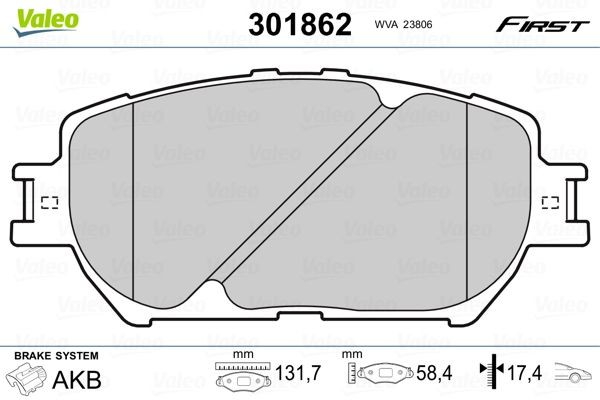 VALEO FIRST, Front Axle, excl. wear warning contact, without anti-squeak plate Height: 58,4mm, Width: 132mm, Thickness: 17,4mm Brake pads 301862 buy