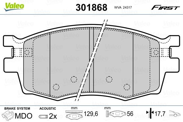 VALEO 301868 Brake pad set FIRST, Front Axle, incl. wear warning contact, with anti-squeak plate