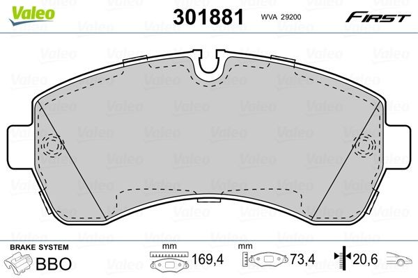 301881 Set of brake pads 301881 VALEO FIRST, Front Axle, excl. wear warning contact, with anti-squeak plate