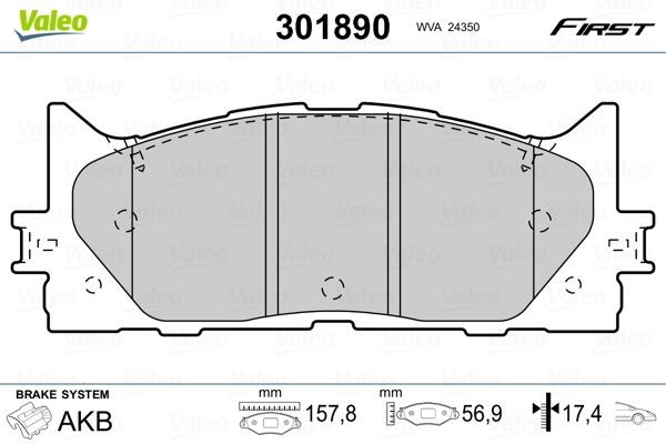 VALEO FIRST, Front Axle, excl. wear warning contact, without anti-squeak plate Height: 56,9mm, Width: 158mm, Thickness: 17,4mm Brake pads 301890 buy