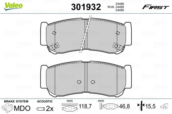VALEO 301932 Brake pad set FIRST, Rear Axle, incl. wear warning contact, without anti-squeak plate