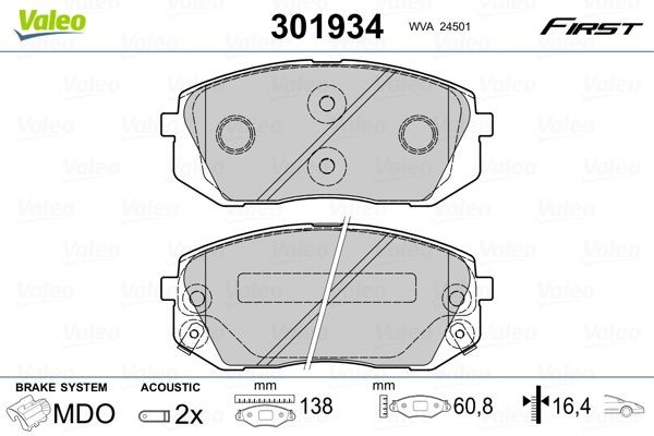 301934 Set of brake pads 301934 VALEO FIRST, Front Axle, incl. wear warning contact, with anti-squeak plate