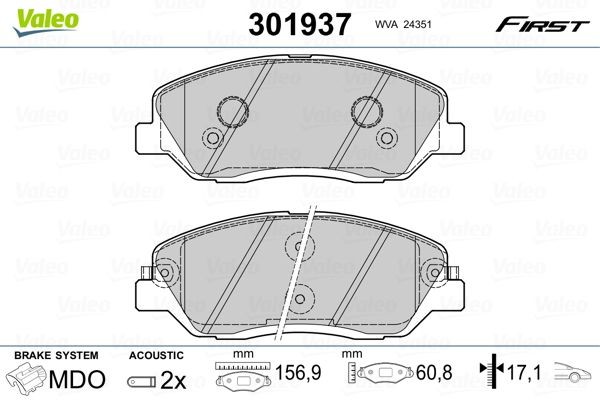 301937 Set of brake pads 301937 VALEO FIRST, Front Axle, incl. wear warning contact, with anti-squeak plate