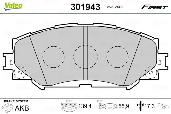 VALEO 301943 Brake pad set FIRST, Front Axle, excl. wear warning contact, without anti-squeak plate