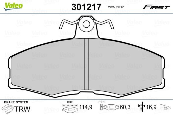 VALEO 301217 Brake pad set FIRST, Front Axle, excl. wear warning contact, without anti-squeak plate