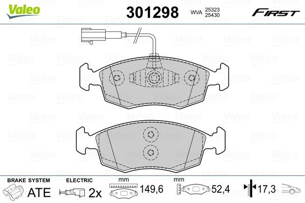 301298 Set of brake pads 301298 VALEO FIRST, Front Axle, incl. wear warning contact, without anti-squeak plate