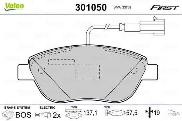 VALEO 301050 Brake pad set FIRST, Front Axle, incl. wear warning contact, without anti-squeak plate