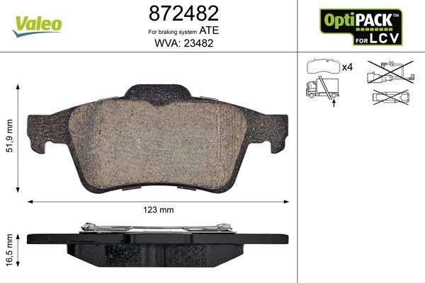 23482 VALEO Rear Axle, excl. wear warning contact, without bolts/screws, for difficult operating conditions Height: 51,9mm, Width: 123mm, Thickness: 16,5mm Brake pads 872482 buy