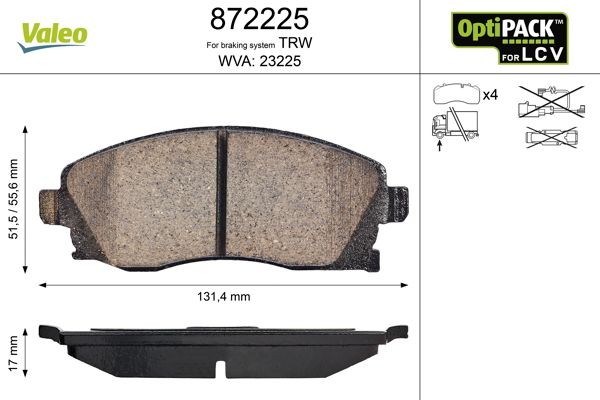 23225 VALEO Front Axle, excl. wear warning contact, without bolts/screws, for difficult operating conditions Height: 55,6mm, Width: 131mm, Thickness: 17mm Brake pads 872225 buy
