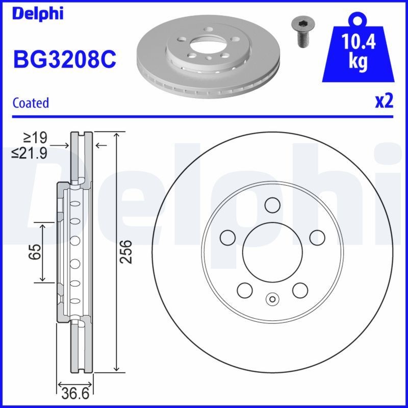 BG3208C Brake discs BG3208C DELPHI 256x21,9mm, 5, Vented, Coated, Untreated