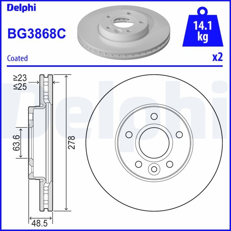 BG3868C Brake discs BG3868C DELPHI 278x25mm, 5, Vented, Coated, Untreated