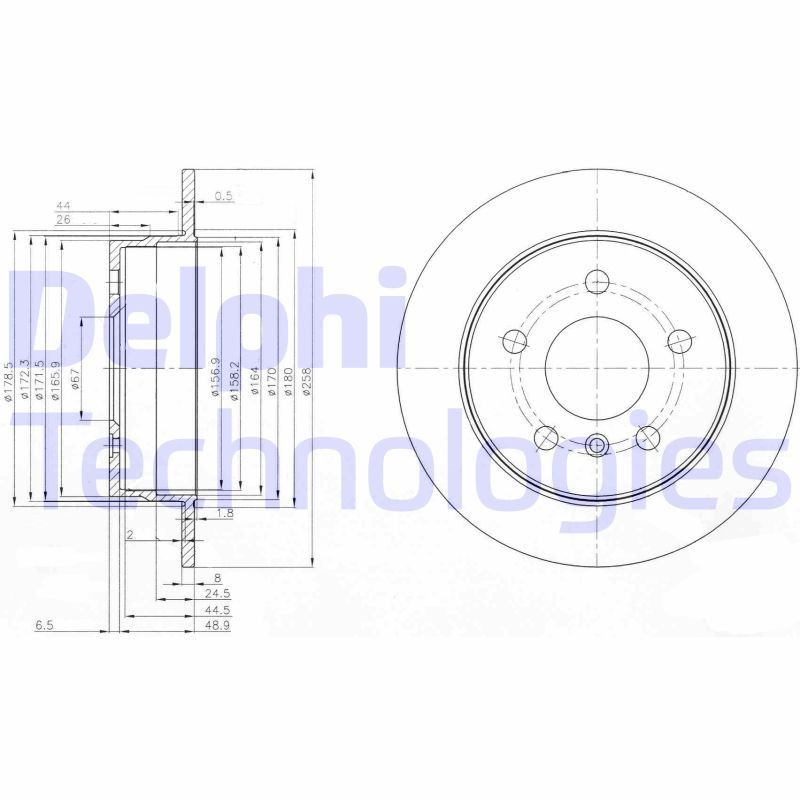 DELPHI BG3910C Dischi freno 258x8mm, 5x112, pieno, rivestito, con bulloni/viti