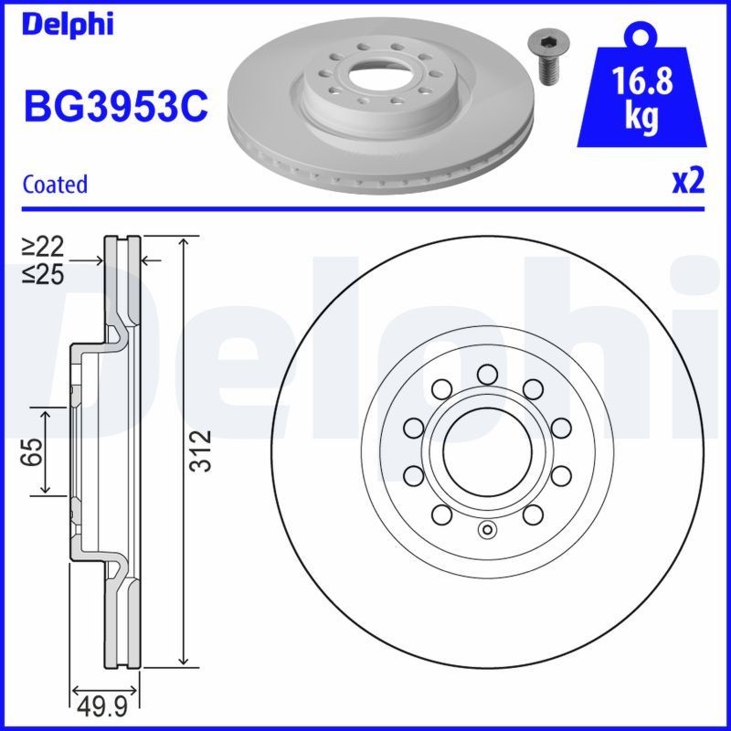 Disco freno BG3953C DELPHI 312x24,9mm, 5, ventilato, rivestito, non trattato, senza cuscinetto ruota, senza anello sensore ABS