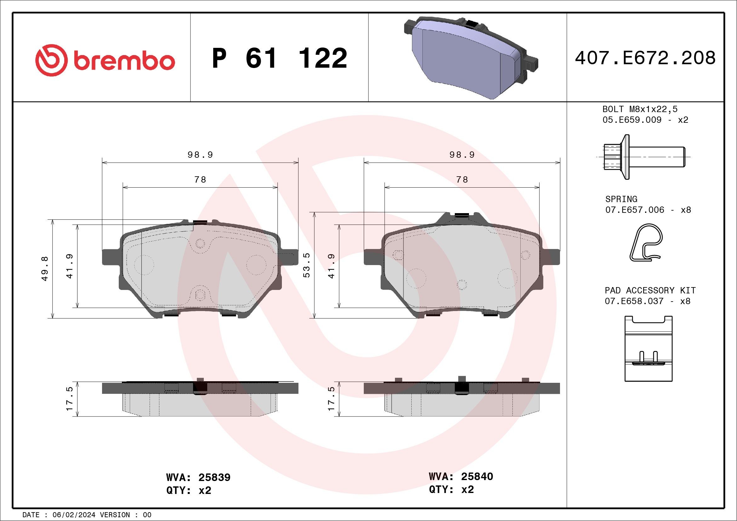 P61122 Set of brake pads P61122 BREMBO excl. wear warning contact, with brake caliper screws, with accessories