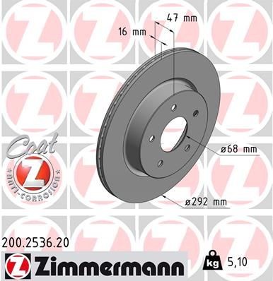 ZIMMERMANN COAT Z 292x16mm, 5/5, 5x114, internally vented, Coated Ø: 292mm, Rim: 5-Hole, Brake Disc Thickness: 16mm Brake rotor 200.2536.20 buy
