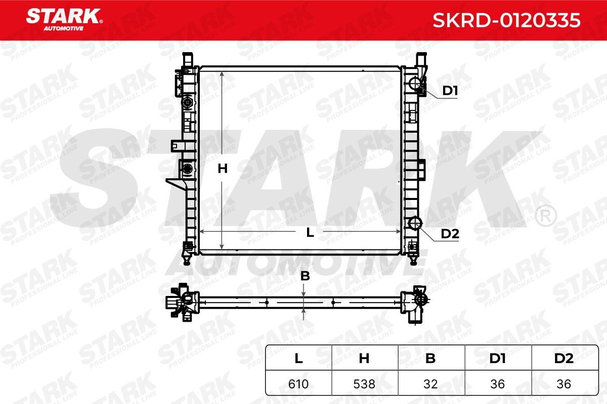 SKRD-0120335 Radiator SKRD-0120335 STARK Aluminium, Plastic, for vehicles with/without air conditioning, Manual-/optional automatic transmission