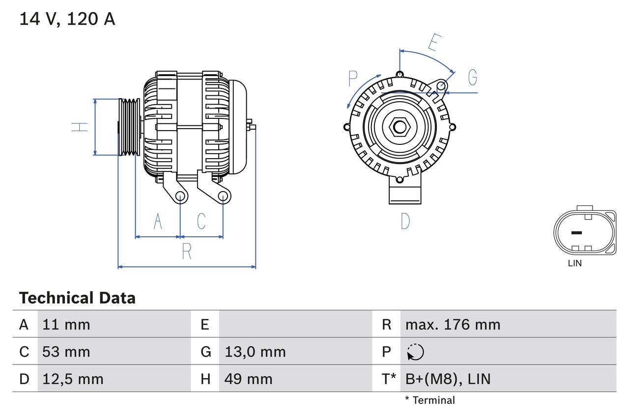 BOSCH 0 986 082 220 Alternator 14V, 120A, B+(M8),LIN, PL174, excl. vacuum pump, Ø 49 mm