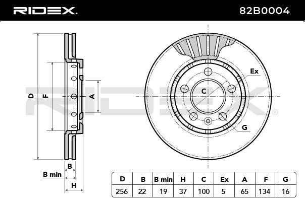 Disco freno 82B0004 RIDEX 256x22,0mm, 5x100,0, ventilazione interna, Non rivestito, senza viti/bulloni