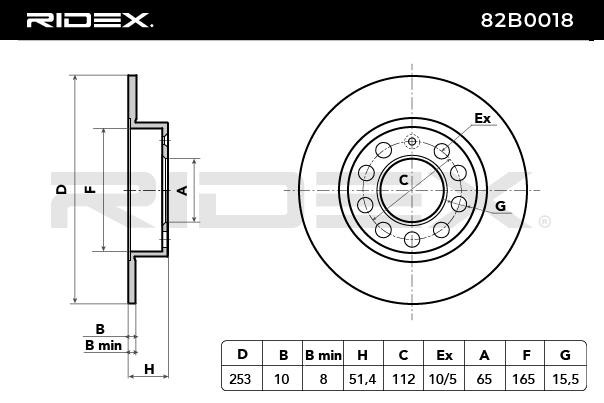 82B0018 Brake discs 82B0018 RIDEX Rear Axle, 253x10mm, 5/10x112,0, solid, Uncoated