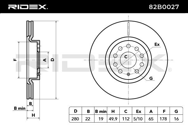 RIDEX 82B0027 Dischi dei freni 280x22,0mm, 5x112,0, ventilato, Non rivestito, senza viti/bulloni