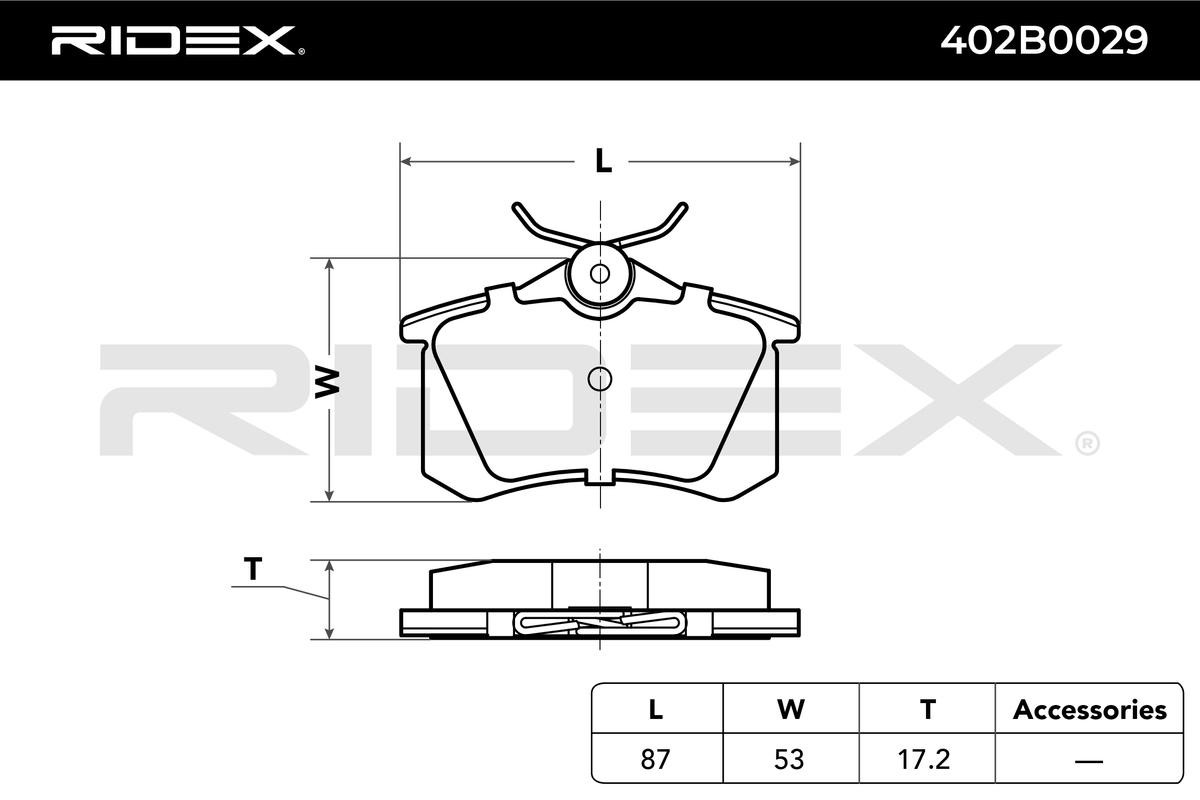 Kjøp 402B0029 RIDEX bakaksel, ikke klargjort for slitasjeindikator Høyde: 53mm, Bredde: 87mm, Tykkelse: 17,2mm Bremsekloss sett 402B0029 Ikke kostbar