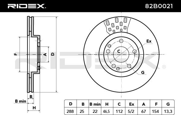 RIDEX 82B0021 Disco freno Assale anteriore, 288x25mm, 5/7x112, ventilazione interna, senza viti/bulloni