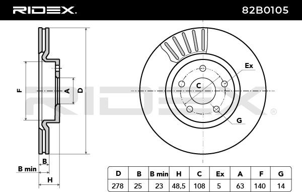 82B0105 Brake discs 82B0105 RIDEX 278x25mm, 5x108, Vented, internally vented, Uncoated
