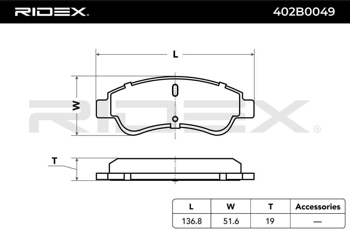 402B0049 Set of brake pads 402B0049 RIDEX Front Axle, Low-Metallic, without integrated wear sensor