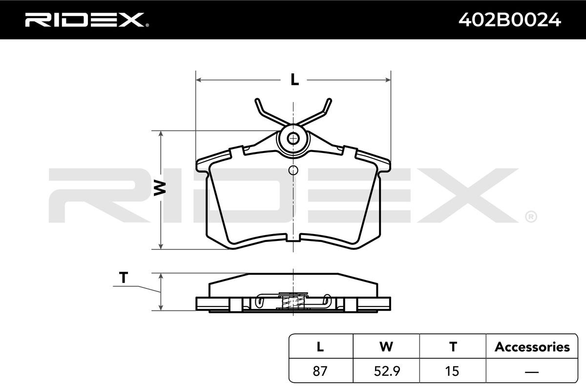 RIDEX 402B0024 Bremsbeläge Low-Metallic, ohne integrierten Verschleißsensor, mit Bremssattelschrauben