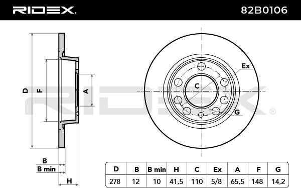 82B0106 Brake discs 82B0106 RIDEX Rear Axle, 278x12mm, 05/08x110, solid