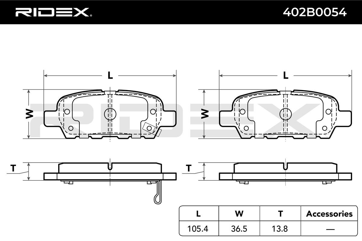 402B0054 Set of brake pads 402B0054 RIDEX Rear Axle, Low-Metallic, with acoustic wear warning, without accessories