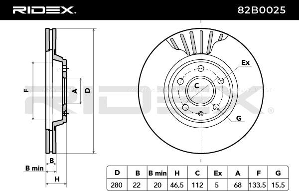 RIDEX 82B0025 оригинални AUDI A4 2023 Дискове 280,0x22mm, 9x112, вентилиран, без покритие