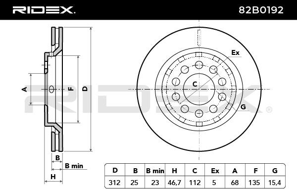 Disco freno 82B0192 RIDEX 312,0x25mm, 5/10x112, ventilato, Non rivestito