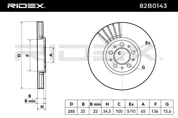 Disco freno 82B0143 RIDEX Assale anteriore, 288,0x25,0mm, 5/10x100,0, ventilazione interna, senza viti/bulloni