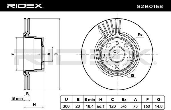 Disco freno 82B0168 RIDEX 300, 300,0x20mm, 5, 5/6, ventilazione interna, Non rivestito, con bulloni/viti